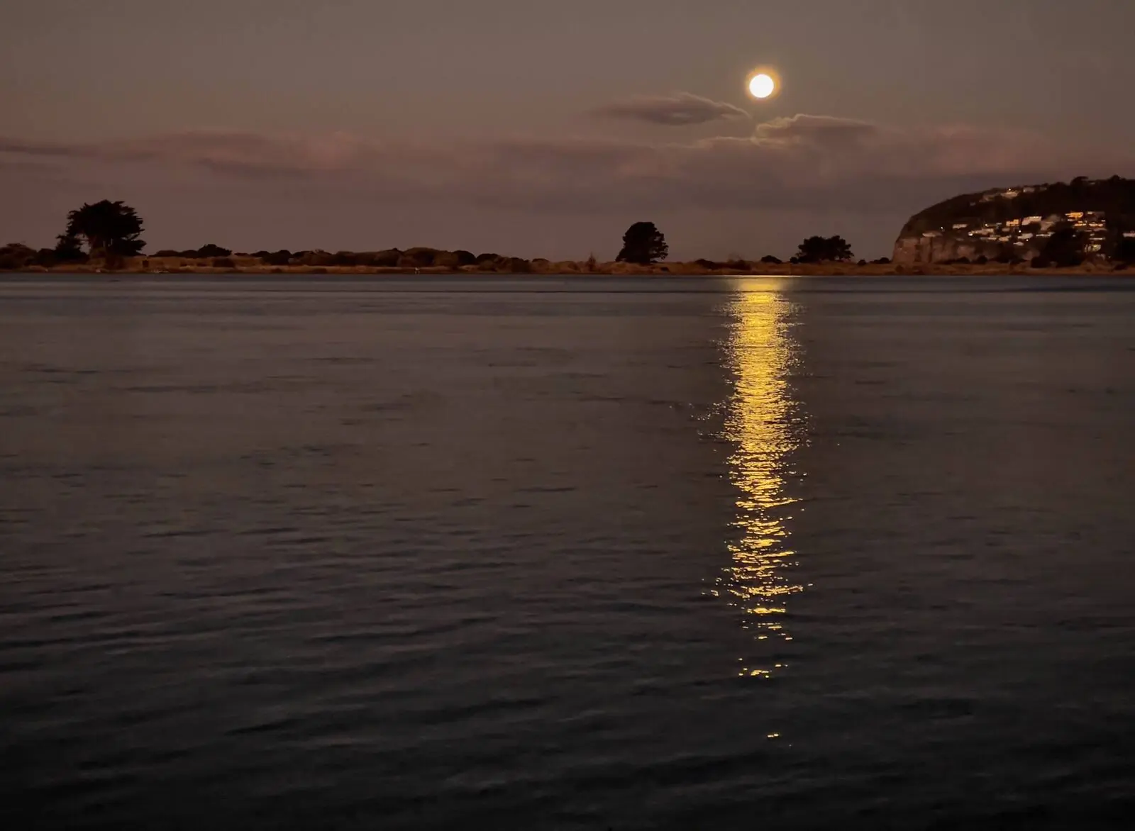 A full moon rising over calm water, its light reflected in a long path